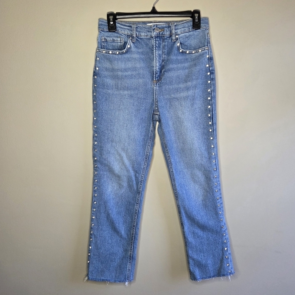 Zara Medium Wash Rhinestone Studded High Rise Cropped Straight Jeans Size 4